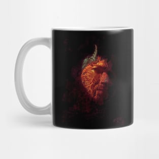 Portrait, digital collage and special processing. Devil face, side. Horn and lava texture. Red spots, glowing orange. Mug